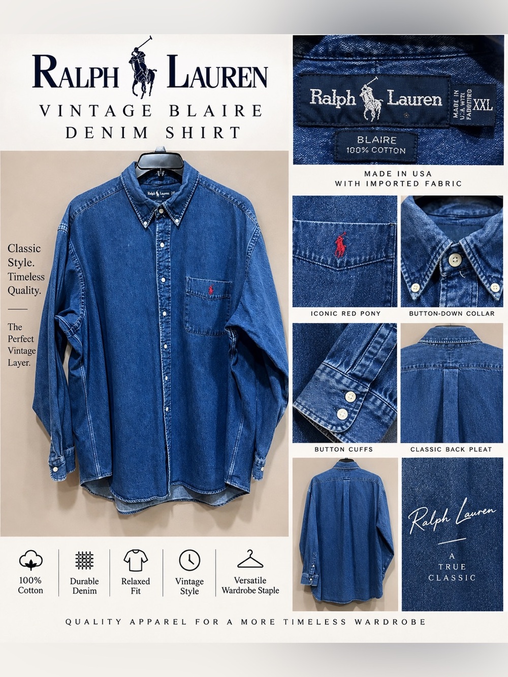 Vintage Ralph Lauren Blaire Denim Shirt XXL Blue Red Pony 100% Cotton